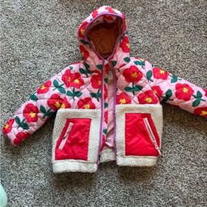 Mini Boden Floral Quilted Hooded Jacket with Sherpa Pockets